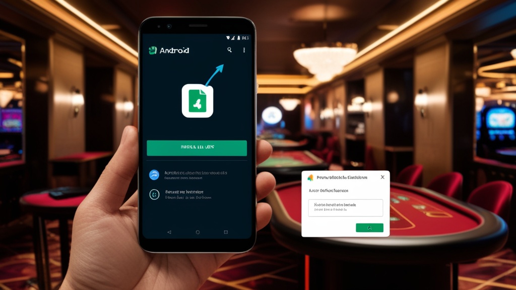 Android phone installing an APK with a permission dialog in a neon casino setting