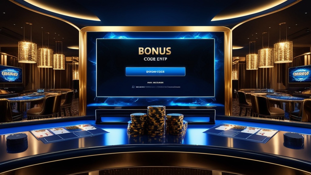 Casino lobby screen showing a bonus code field and glowing promotional banners