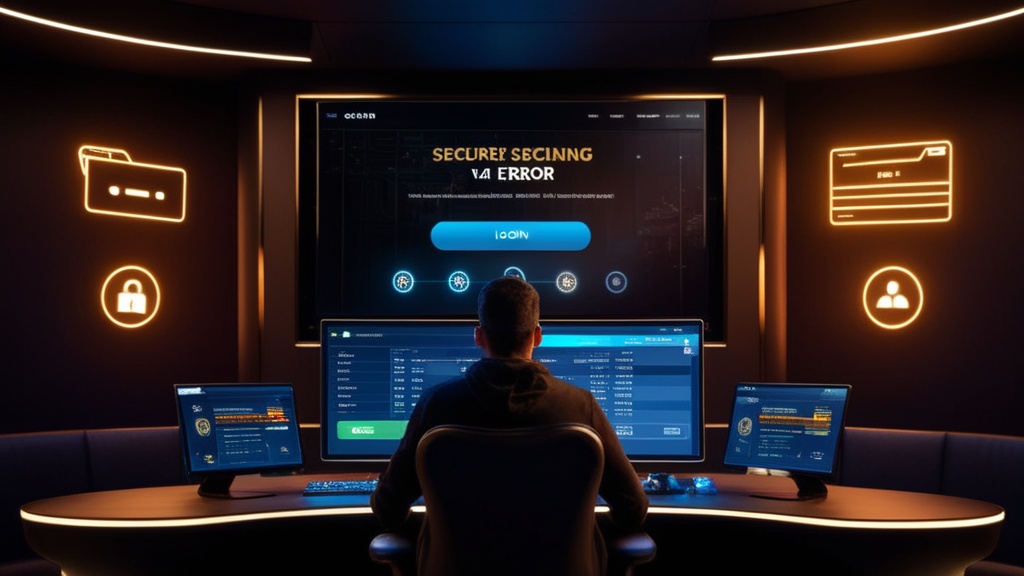 A player seeing a casino login error screen with troubleshooting hints on a dark monitor
