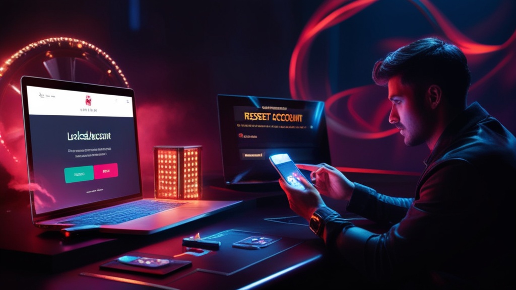 A casino account recovery screen with a reset email and verification code on a dark desk